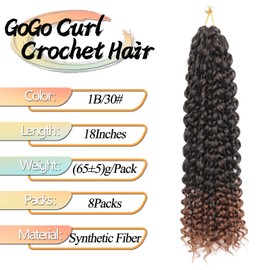 8 Packs GoGo Curl Crochet Hair 18 Inch Long Curly Crochet Hair for Women Beach Curl Water Wave Deep Twist Crochet Braids Synthetic Braiding Hair Extensions (T1B/30#, 18 Inch(pack of 8))