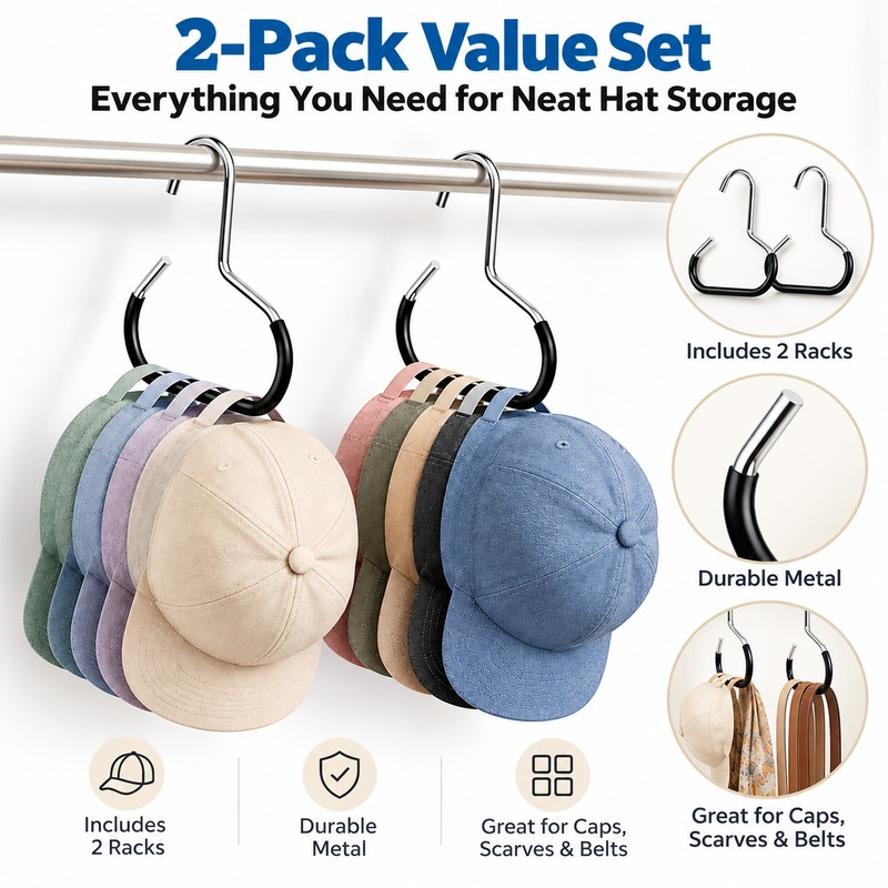 Wall-Mounted Hat Organizer for Accessory Storage – 2-Pack Durable Metal
