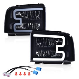 LED DRL Headlight Assembly w/Harness Compatible with Ford F250 F350 F450 F550 Super Duty 2005-2007, Fit Ford Excursion 2005, Front Headlamp, Smoky Lens Black Housing Clear Reflector