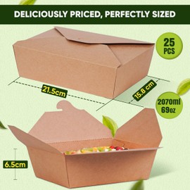 HURUC Kraft Paper Takeaway Boxes – 100% Compostable, Eco-Friendly Food Containers for Takeout & Meal Prep, Disposable and Recyclable Packaging for Restaurants & Cafes (Pack of 25-2070ml)