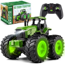 Remote Control Tractor Toys for Kids 3-5, Light Up Monster Trucks Toy for Boys 3,4,5,6,7 Year Old, Toddlers RC Farm Vehicle Toys for Ages 3-7 Years Old, Ideal Birthday Toys Gift for Boys Girls