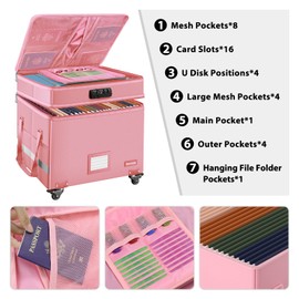 DocSafe File Box with Lock,2-Layer Fireproof Document Box with Wheels,Collapsible Rolling File Storage Organizer with Pockets,Large Portable Home Office Filing Cabinet Safe for Hanging Folders,Pink