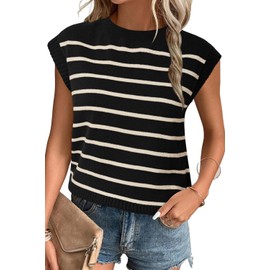 Arach&Cloz Womens Summer Tops 2024 Business Casual Outfits Work Dressy Blouse Cute Fashion Cap Short Sleeve Crew Neck Striped Knit Sleeveless Fall Sweater Vest Black