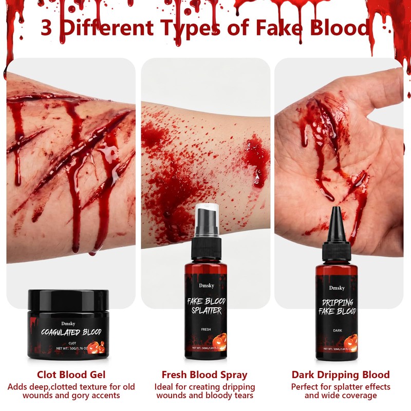 3PCS Halloween Fake Blood SFX Makeup Kit,Realistic Fake Blood for