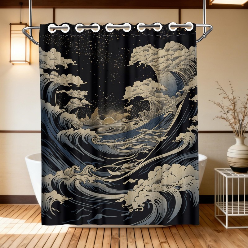 DLTAY Anime Hookless Shower Curtain, Japanese Great Waves, 71" W