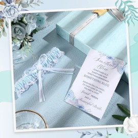 SATINIOR Blue for The Bride Bridal Garter Wedding Lace White and Blue Garter and Wedding Congratulations Card, White Bow Lace Garter for Brides Wedding Bride Garter for Bridal Party Decor