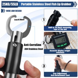 Professional Fish Lip Gripper with Digital Fish Scale, Water Resistent Grabber Fish Lip Grip Tool with Weight Scale and Measuring Tape 55lb