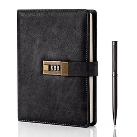 WEMATE Diary with Lock, A5 PU Leather Journal with Lock 240 Pages, Vintage Locks Journal Password Notebook with Pen, Locks Diary Planner Organizer for Men and Women, 8.6x5.8in Black
