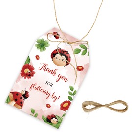50pcs Ladybug Thank You Tags, Lady Bird Gift Tag with String for Insect Party, Bug Thank You Paper Tags for Gender Reveal/Bug Themed Birthday Party Favors