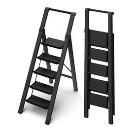 BEFITMACE 5 Step Ladder, Lightweight Folding Step Stool with Convenient Handgrip,Aluminum 330lbs Capacity Step Ladder for Office,Household,Kitchen(Black)