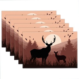 WADORN Abstrakte Landschaft Waldelch Tischsets 6er Set, 45x30cm Tischsets Aus Stoff Mit Wildtieren Hirschjagd rutschfeste Platzset Aus Leinen Waschbar Hitzebeständig Platzset Für Küchen Esstisch