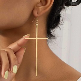 Aneneiceera Vintage Exaggerated Cross Dangle Earrings Gold Large Cross Earring Big Crucifix Drop Earring Long Hook Earrings Jewelry for Women (Gold)