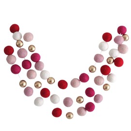 "Victorian Valentine" Handmade Felt Ball Garland by Sheep Farm Felt- Red Pink Ivory Gold Pom Pom Garland, Wool and Wood Felt Ball garland. 2.5 cm balls.