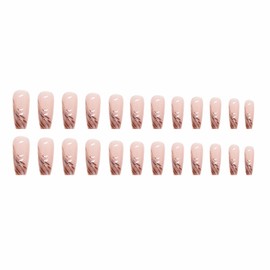MERVF Coffin Press on Nails Long Fake Nails Brown French Tip Ballerina Glue on Nails with Design 24pcs Glossy Acrylic Nails Artificial False Nails Press ons