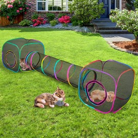 Outdoor Cat Enclosures Portable Cat Tunnel with Carry Bag Breathable Cat Tent Outdoor with 2 Mouse Toys Outside Cat Enclosure for Indoor Cats (2 Cubes + Run Tunnel)