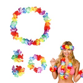 ZWWOGE 4 x Flower Chains Decorative Leis Flower Chains Hawaii Chains Flowers with Necklace Headband Bracelet Hair Clips Hawaii Costume Women's Luau Flower Garland for Hawaii