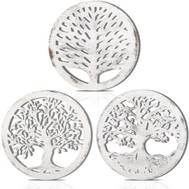 Beeveer 3 Pcs Life Tree Wooden Trivets Round Plates Hot Dishes Trivet Heat Resistant Hot Pan Holder Winter 8 Inch(White)