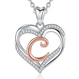 INFUSEU C Initial Necklace Heart Rose Gold A-Z Letter Jewelry Cubic Zirconia Birthday Gifts for Women Wife Mom, 20 Inch Chain