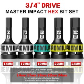 KIRXST 3/4" Drive Impact Hex Bit Set, 5 Piece Allen Bit Socket Set, 14-24mm, Metric, Cr-Mo Steel, Professional Mechanic Automotive Repair Socket Set