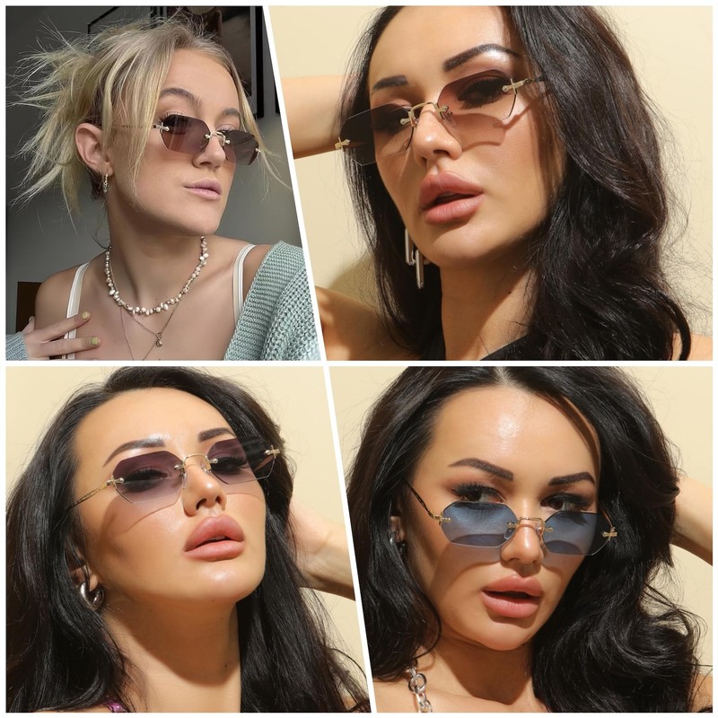 RUNHUIS Retro Rimless Rectangular Sunglasses for Women Men Vintage Hexagon