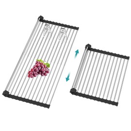 BBXTYLY Extra Expandable Roll Up Dish Drying Rack,Over The Sink Drying Rack Sink Cover Kitchen Sink Accessories Kitchen Rolling up Stainless Steel Drainer, Foldable,Rollable（Black，22.8''-12.4''）