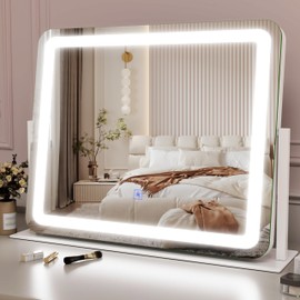 ROLOVE 22x17 Inch Lighted Vanity Mirror with Dimmable LED Lights - 3 Color Modes, Smart Touch Control & 360° Rotating Base - Desk Makeup Mirror (White)