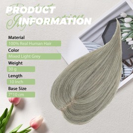 Hair Toppers for Women Real Human Hair 10Inch Human Hair Topper 7x10CM Swiss Base Middle Part Clip in Topper Hairr Pieces for Women Mixed Light Grey