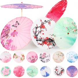 Shinylin 12 Pcs Handmade Chinese Oiled Paper Umbrella Bamboo Silk Chinese Japanese Umbrella Parasol Flower Art Dance Umbrella(Pink Blue,Stylish)