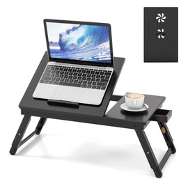 Giantex Bamboo Laptop Desk for Bed, Adjustable Serving Tray Breakfast Table with Tilting Desktop, Folding Lap Tray with Removable Stopper, Cooling Holes & Small Side Drawer (Black)
