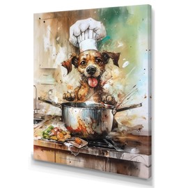 DesignQ Brown Modern & Contemporary Canvas wall art, Dog Kitchen Wall art, Chef Dog Cooking in the Kitchen, Dog Kitchen Wall art decor, 12x20 inches