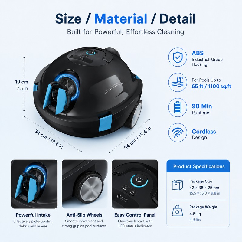 Cordless Robotic Pool Cleaner for Home Pools – 90-Minute Self-Parking