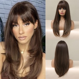 Allbell Long Brown Wig with Fringe Straight Layered Hair Wig for Women Natural Looking Synthetic Wig