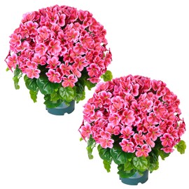 QIANYUN Geraniums Artificial Flowers Realistic – 2 Pack 18" Potted Faux Geranium Plants Deep Pink, UV Resistant Silk Flowers for Outdoor Indoor Front Porch Garden Home Decor (2, Pink)