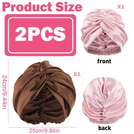 VireEyU 2 Pieces Silk Bonnet Satin Sleep Cap - with Elastic Band, Non-Slip and Breathable Mulberry Silk Night Cap for All Hair Types, Ideal for Women and Girls (Pink, Brown)