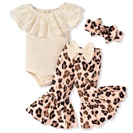 Infant Baby Girl Summer Outfits Leopard Cheetah Bell Bottoms Flared Pants Bodysuit Clothes Set 12-18 Months