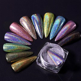 Polvo holográfico para uñas 12 colores camaleón polvo láser, fino arco iris unicornio efecto espejo múltiples pigmentos brillo en polvo, adecuado para el salón de casa, con herramienta de esponja