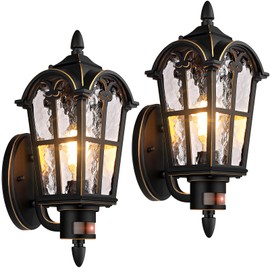 2-Pack Motion Sensor Outdoor Wall Lights, Dusk to Dawn Porch Lights Wall Mount, Exterior Light Fixtures Sconces Lighting, Black with Gold Trim Wall Lanterns Outside Lights for House Garage Front Door