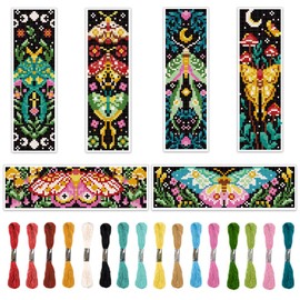 ORIGACH 6 Pcs Cross Stitch Bookmark Kit for Beginner Adults, Vivid Moths Stamped Embroidery Bookmark Kit with Instruction for Starters Printed Cross Stitch DIY Kits for Book Lovers