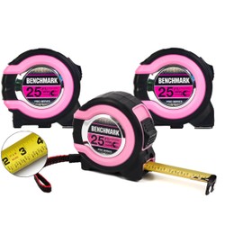 Benchmark - Pink - 3 Pack - 25 ft Tape Measures - Easy to Read Fractions to 1/8th inch - Magnetic Tip - Thumb and Quick Lock - Autowind - Belt Clip
