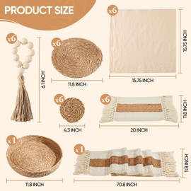Swiscena 32 Pcs Boho Placemats Table Setting Set (6 Sets),Hand-Woven Natural Water Hyacinth Mats,Cloth Napkins,Napkin Rings,Linen Runner,Storage Basket&Coasters,Boho Kitchen Decor Dining Table Decor