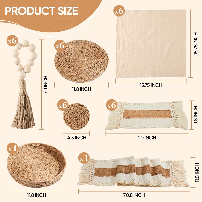 Swiscena 32 Pcs Boho Placemats Table Setting Set (6 Sets),Hand-Woven