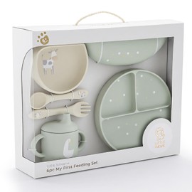Little Rawr Baby Led Weaning Bundle, 100% Silicone Baby Feeding Set Includes Divided Plate, Suction Bowl, Straw Cup, Bib, Spoon & Fork, Develops Self Feeding Skills, Dishwasher Safe (Green)