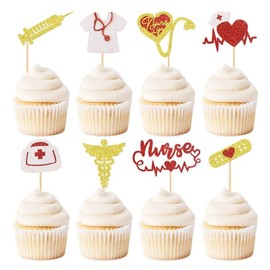 Keaziu Paquete de 32 decoraciones para magdalenas de enfermera, graduación, magdalenas, con temática médica, electrocardiograma, cofre de medicina, palillos para tartas, suministros de decoración para fiestas temáticas de enfermería