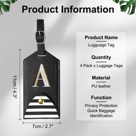 YELARXI Luggage Tags, Initial Letter Travel Luggage Baggage Labels PU Leather Tag Holder Waterproof for Privacy Protection ID Suitcase Identifier Backpack (4 Pack, Black A)