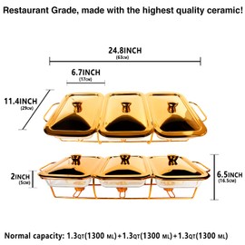jinsongdafa Casserole Dish Set Rectangle 3-in-1 Glass Baking Dish, with Stainless steel Lid and Gold rack, 1.3 Qt x 3 pcs Baking Pan For Casserole & Lasagna, Dishwasher Oven Freezer Microwave Safe