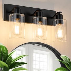 AMRUIPO 3 Lights Bathroom Light Fixtures Black Vanity Light with Clear Glass Shade 18in Modern Bathroom Lighting Fixtures Over Mirror for Bedroom/Living Room