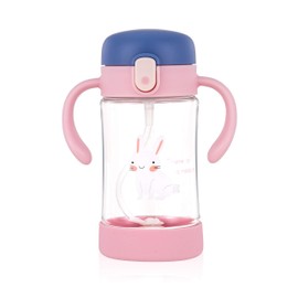 ÜneeQbaby Active Plus Kiddy Cup with 360 Degree Weighted Flexi Straw, Spill Proof, Tritan - BPA Free, Soft Spout, One Button Open Sippy Cup 300ml - Elsie Pink Rabbit