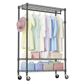 IZEUK Heavy Duty Rolling Garment Rack with 3 Adjustable Wire Shelves, Hanging Rod & Side Hooks - Extra Large Mobile Clothes Rack with Wheels, 47.2" W x 17.7" D x 83.6" H, Black