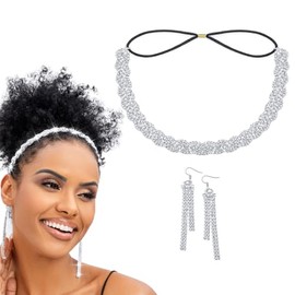 Flayem Rhinestone Elastic Head Chain Shiny Headband Women's Vintage Headband Hair Band with Earrings Elegant Head Chain for Women (Silver, 45.5 cm)