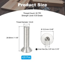 PATIKIL 1/4-20 x 1-1/8" Flat Head Socket Cap Screws, 20 Pack Flat Countersunk Bolts Hex Socket Drive Machine Screws 304 Stainless Steel 18-8 Full Thread Grade 6.8